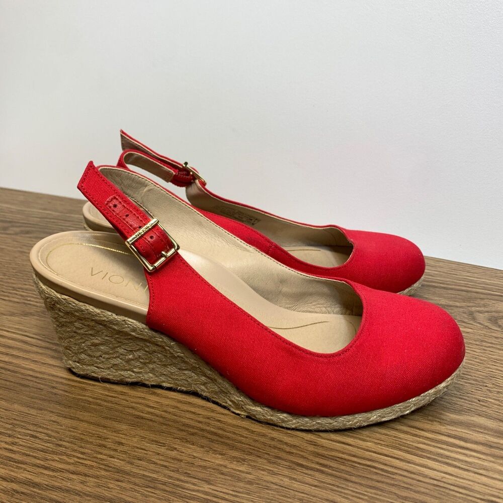 Vionic Caralina Espadrillesโ Wedge Jute Slingback Women Red Shoes Heels 9.5 Wide